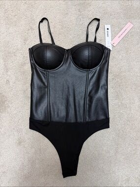 Aqua Black Faux Leather Bustier Thong Bodysuit